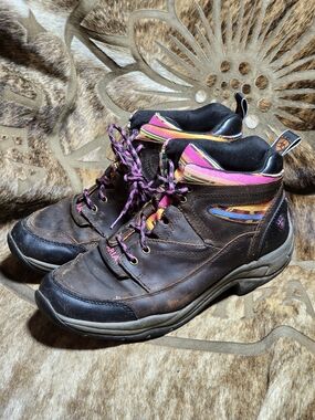 Ariat Brown Leather Ankle Boots with Pink Accent
